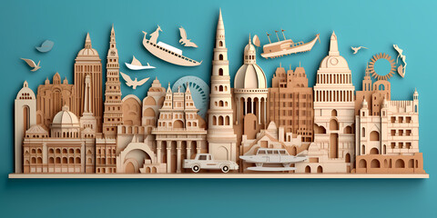 Obraz premium Simple Argentina landmark paper cut with blue background , travel, tourism concept, generative ai