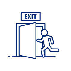 A person running towards the exit door icon. Vector line icon with editable stroke.