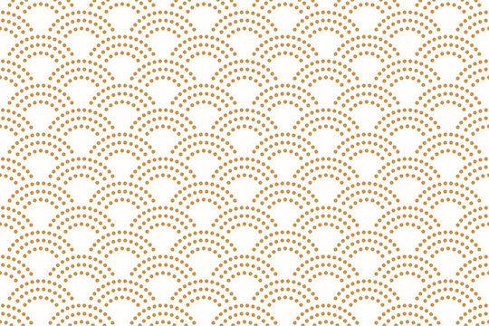 Fish scale seamless pattern with subtle gold dotted dash line, Japanese wave seashell repeat background vector for print.