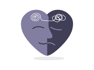 Sad and happy emotion in the same face on heart shape, Mental health awareness and self care concept. Flat vector illustration.	