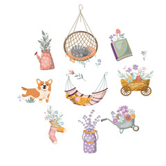 Set of floral elements for summer decor animals