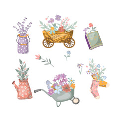 Set of floral elements for summer decor in doodle style