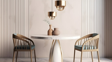 Interior design with marble round table and chairs. Modern dining room with beige wall. Cafe, bar or restaurant interior design. Home interior. 3d rendering