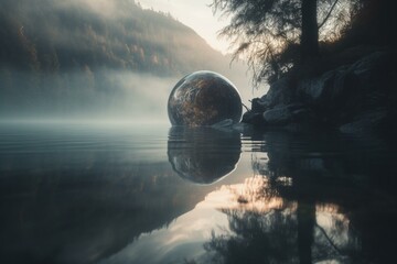 Misty planet reflected on serene water. Generative AI