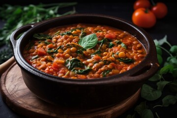vegetarian lentil stew with tomatoes and spinach in a rustic pot