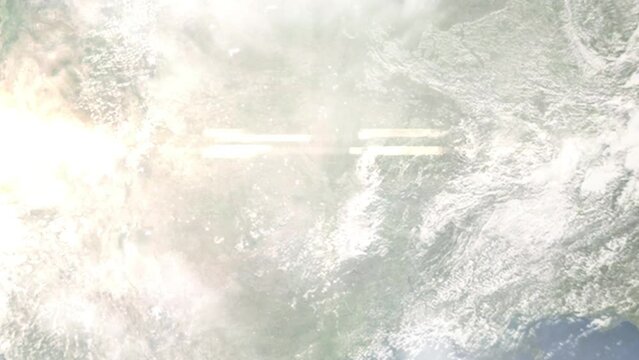 Earth zoom in from outer space to city. Zooming on Mustang, Oklahoma, USA. The animation continues by zoom out through clouds and atmosphere into space. Images from NASA
