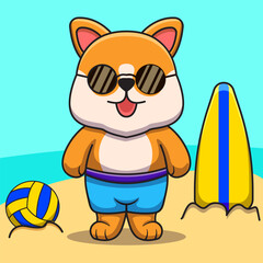 Naklejka premium cute corgi vector illustration on the beach