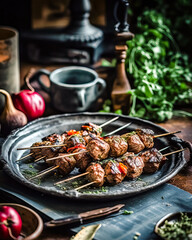 Appetitive Grilled meat skewers, shish kebab with vegetables on plate. Good food. Generative AI