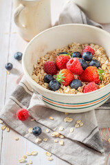 Tasty and healthy oats made of raspberries and blueberries.
