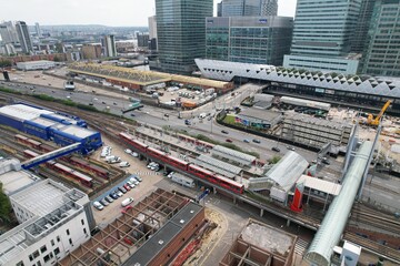Docklands Light Railway Poplar Depot London UK drone , aerial , birds eye view
