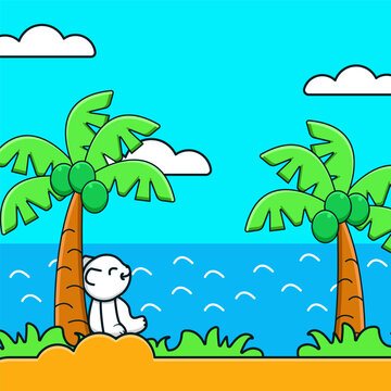 Vector illustration of a cute bear relaxing and enjoying the view on the beach in summer. Flat cartoon style.