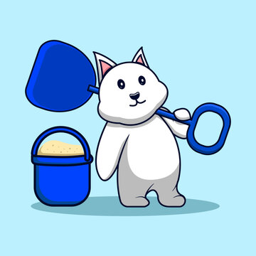 Vector illustration of a cute bear carrying a shovel and a bucket of sand
