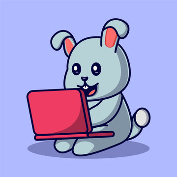 Cute bunny is playing on laptop Vector Illustration.Cute bunny character cartoon style.