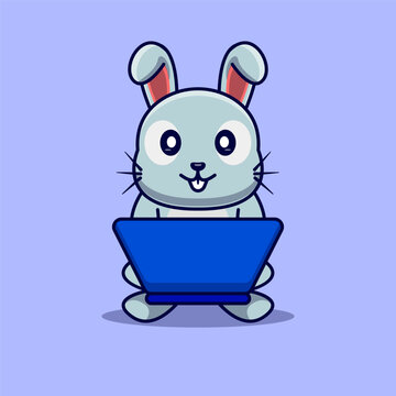 The cute bunny is playing on a laptop Vector Illustration. Cute bunny character cartoon style.