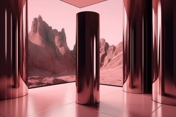 A low pink steel pillar reflects on a mountain-like 3D floor. Image 4. Generative AI