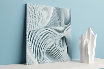 Modern light blue and white abstract canvas print with filigreed lines. Minimalist and 3D. Printable wall art poster. Generative AI