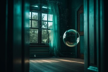 Teal house inside soap bubble window-door. Generative AI
