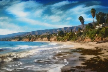 Modern impressionistic portrayal of Santa Barbara California's coastal scenery using oils and palette knife. Generative AI