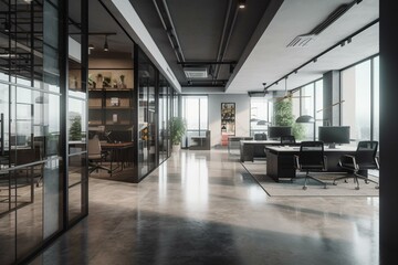 Contemporary office with polished ceiling, elevators, cityscape, furniture, and radiant illumination. Workspace and design theme. 3D interpretation. Generative AI