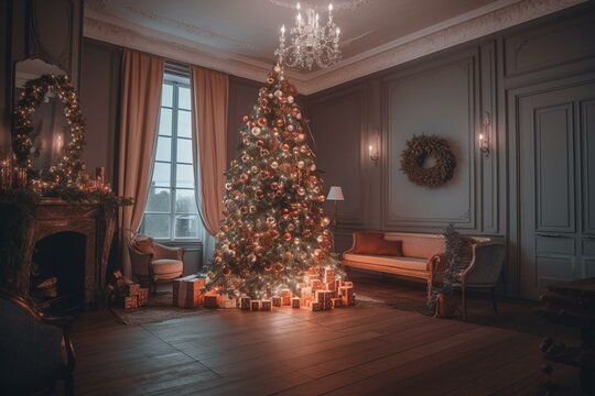 A room decorated with a Christmas tree. Generative AI