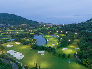Aerial view of golf course near the beach in island in Nha Trang, Vietnam