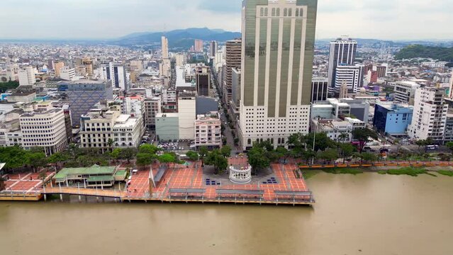 Aerial view of Malecon Simon Bolivar in Guayaquil, a recreational and tourist attraction place with landmarks, ferris wheel and walking space for local people and tourists.