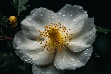 A big white blossom with yellow stamens against a dark backdrop. Generative AI