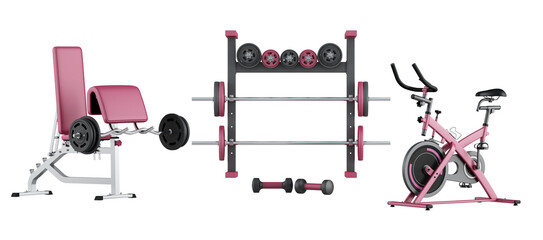Fitness set with stationary bike and weight machines on white