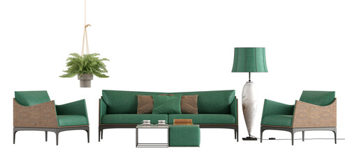 Living room set with green sofa and armchairs on white