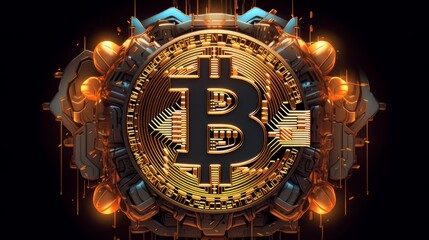 Bitcoin cryptocurrency, virtual money concept and blockchain illustration with technology background. Created by generative Ai