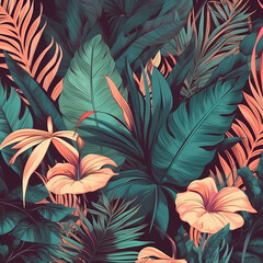 Floral Pattern Of Tropical Plant Leaves Palm Tree Illustration