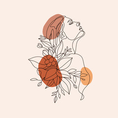 Hand drawn woman face line art with flower illustration