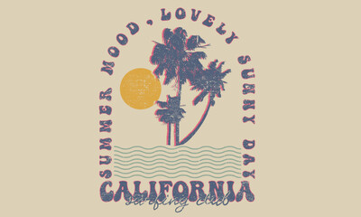 California sunny day t-shirt print design. Lovely california beach graphic print design for t shirt print, poster, sticker, background.  - obrazy, fototapety, plakaty