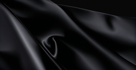 Black silk satin. Dark elegant background with space for design. Creases in fabric. Shiny, soft, smooth. Wide banner. Panoramic. Template. - obrazy, fototapety, plakaty