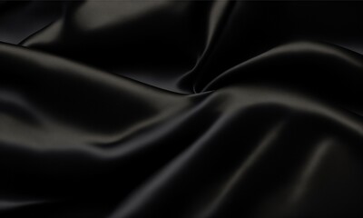 Black silk satin. Dark elegant background with space for design. Creases in fabric. Shiny, soft, smooth. Wide banner. Panoramic. Template (Generative AI) - obrazy, fototapety, plakaty