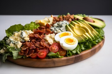 Cobb salad with fresh greens, avocado, hard-boiled eggs, bacon, and blue cheese crumbles