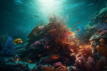 Illustration of colorful fish and coral reef underwater. Generative AI