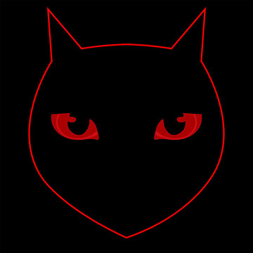 color vector illustration with the image of a cat's eyes in the form of an emblem in red and black shades for creating stickers, flyers, labels and for decoration