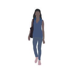 Vector drawing of a walking woman in summer clothes. Flat image. City infographic