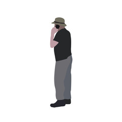 Vector drawing of a walking elderly man in summer clothes. Flat image. City infographic