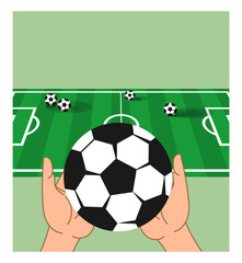 Soccer ball in the hands of the player. In the background is a soccer field. Stylized image of a football match, icon, symbol, emblem, sign. Vector illustration