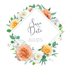 Wedding invite save the date card. Elegant floral watercolor peach orange, yellow garden rose, white jasmine, eustoma flower, green eucalyptus leaves wreath. Editable bouquet frame vector illustration
