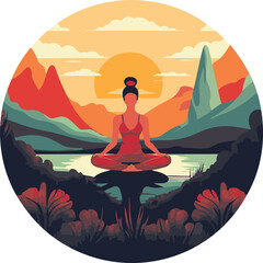 Young woman sitting and doing meditation practice while dress in comfortable yoga clothes. With sunset over a mountain range, with warm hues of orange in the sky.
