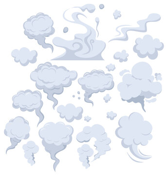 Cartoon dust clouds Set. Comic cloud shape, spray air smoke, fog road, explosion bomb, car gas, puff magic effect, steam wind silhouette, spooky fume smog, gam explode bubbles. Vector illustration