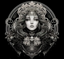 Fototapeta premium Black and white woman face with crown illustration, generative ai