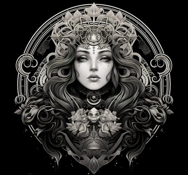 Black and white woman face with crown illustration, generative ai