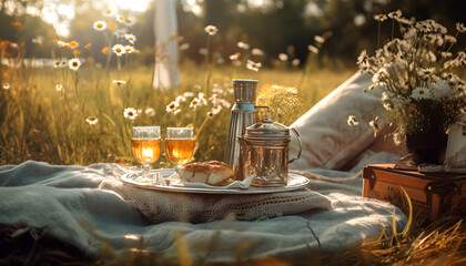 Obraz premium Summer picnic in the meadow. Two glasses of white wine on a plaid. Generative AI