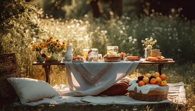 Picnic in the garden on summer evening. Picnic in the countryside. Generative AI