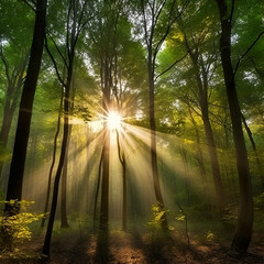The sun shines brightly through the crowns of trees, the first rays in the forest between the trees. Generative AI
