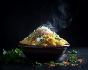 Biryani with a sprinkle of herbs on top and steam rising from the dish
